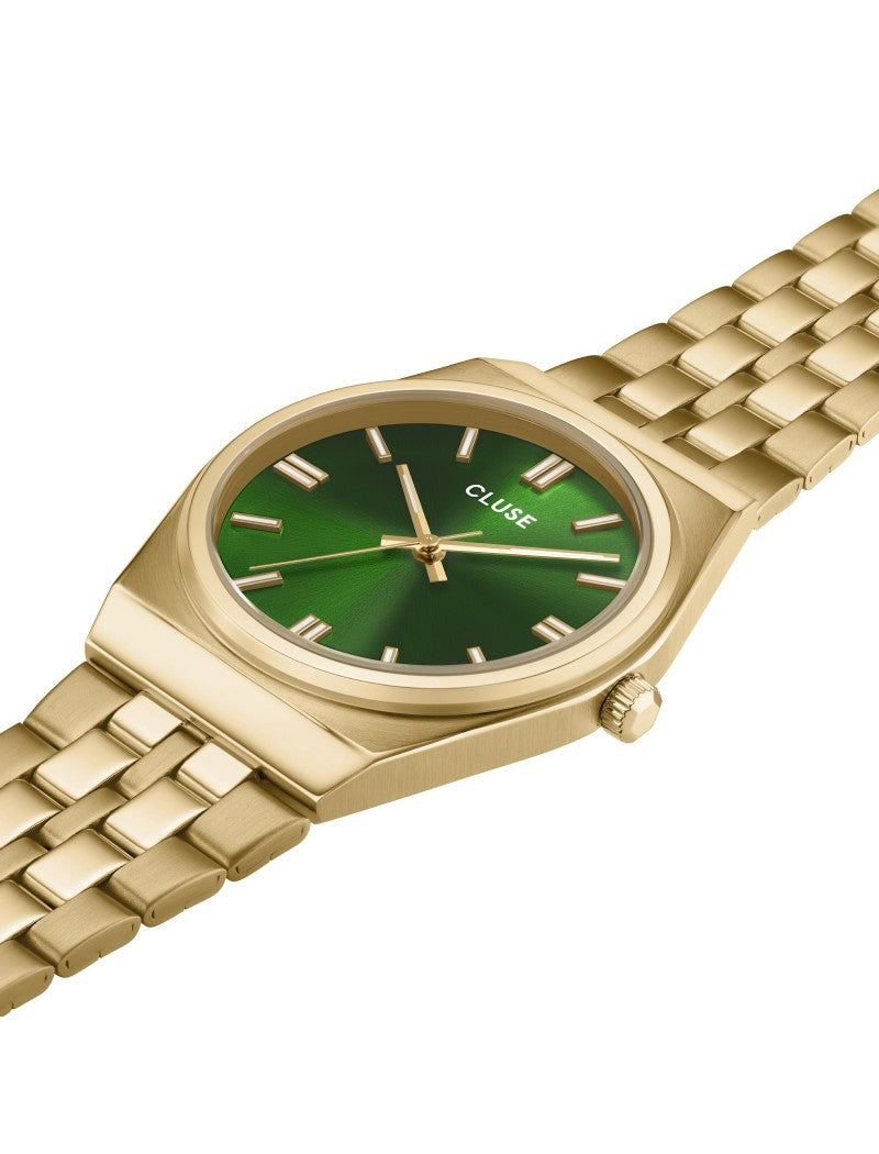 Montre rétro années 70 en acier, vert forêt, couleur or