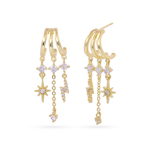 Boucles d'oreilles pendantes femme acier doré étoiles zirconia
