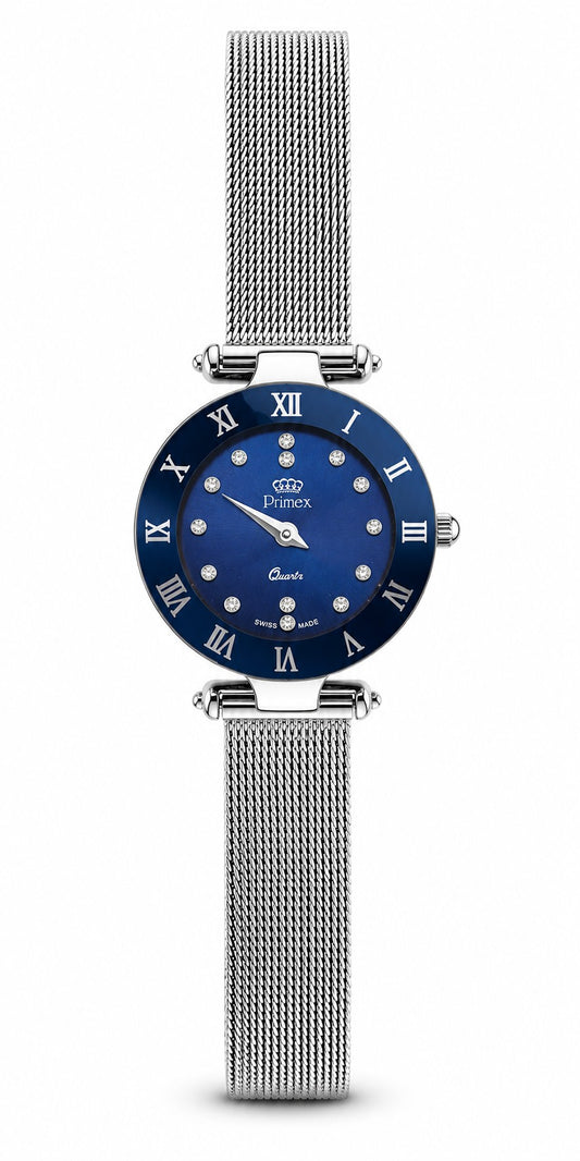 Montre femme Swiss Made cadran bleu cristaux bracelet acier