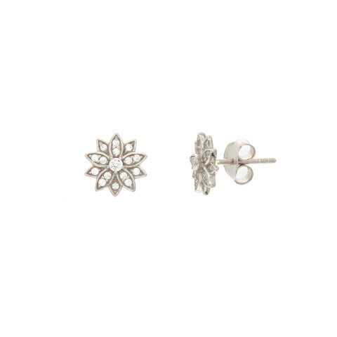 Boucles d'oreilles femme argent rhodié motif fleur zirconia