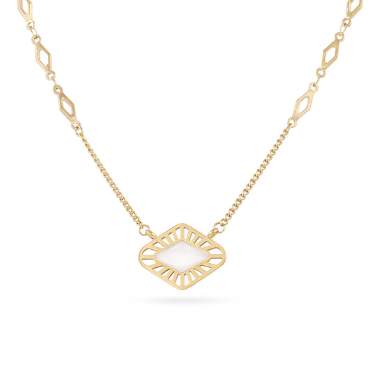 Collier femme acier doré losange pierre synthétique blanche