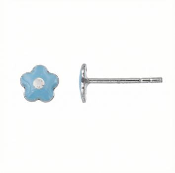 Boucles d'oreilles enfant argent 925 fleur laque bleue