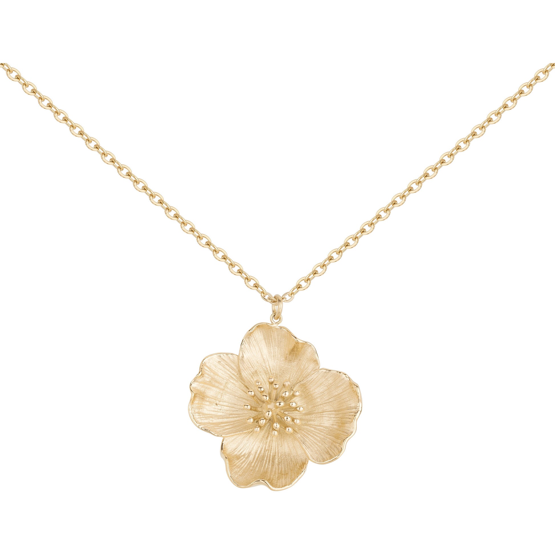 Collier femme acier doré pendentif fleur relief 70cm