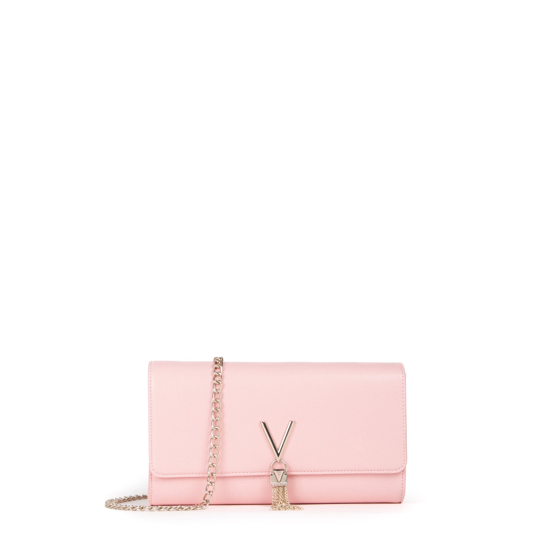 Pochette femme rose pâle à chaîne dorée et fermoir V