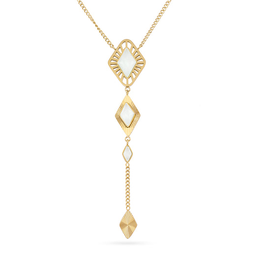 Collier femme acier doré losanges pierre synthétique blanche