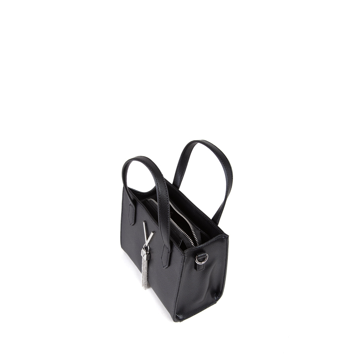 Sac à main femme noir grainé logo V et chaînes argentées