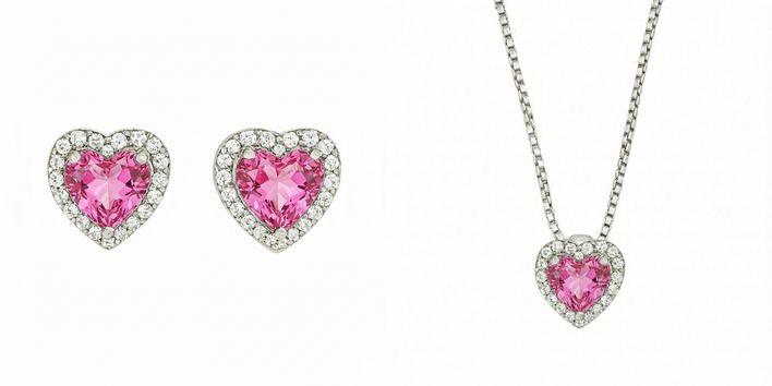 PARURE ARGENT RHODIE - COEUR - QUARTZ ROSE SYNTHETIQUE - ZIRCONIA