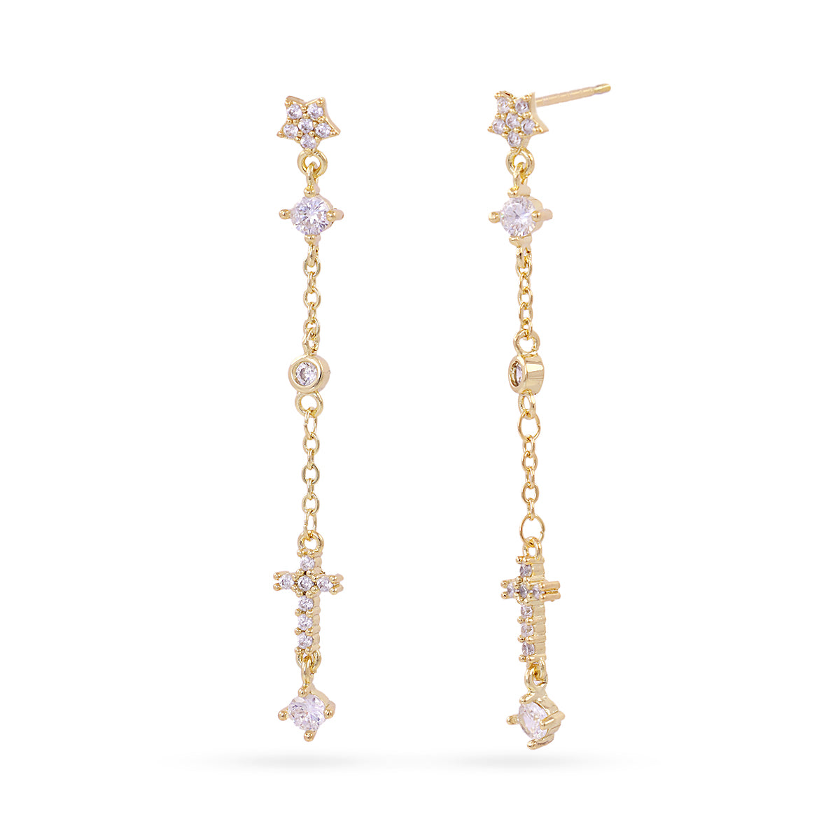 Boucles d'oreilles pendantes femme acier doré étoile et croix zirconia
