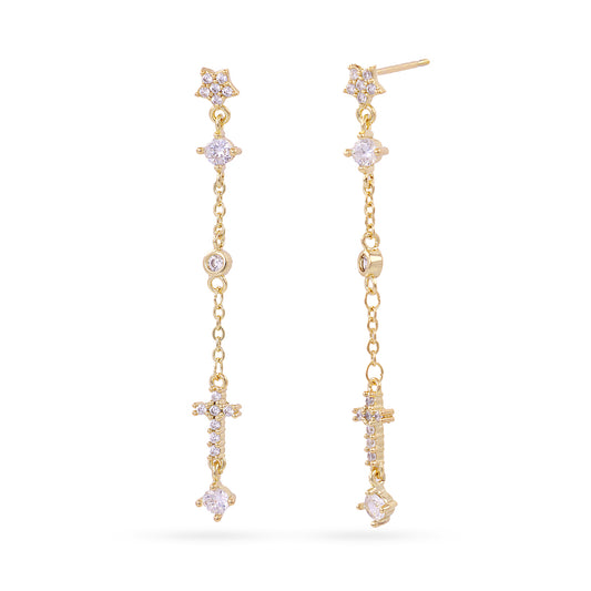 Boucles d'oreilles pendantes femme acier doré étoile et croix zirconia
