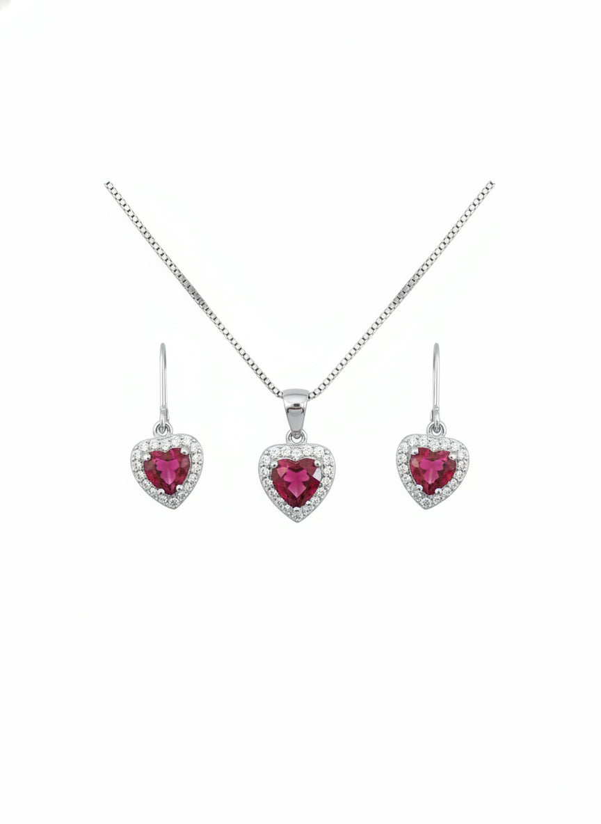 Parure femme argent rhodié cœur rubis synthétique zirconia