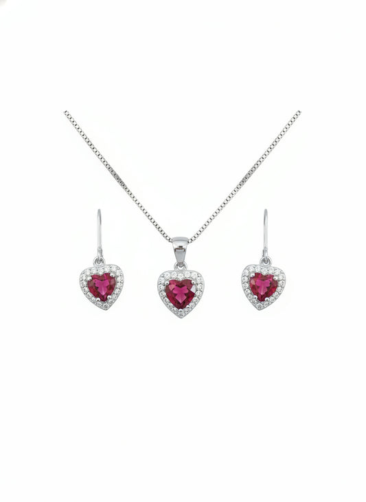 Parure femme argent rhodié cœur rubis synthétique zirconia