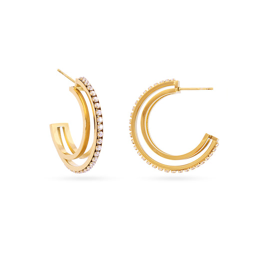 Créoles femme acier doré double anneau zirconia