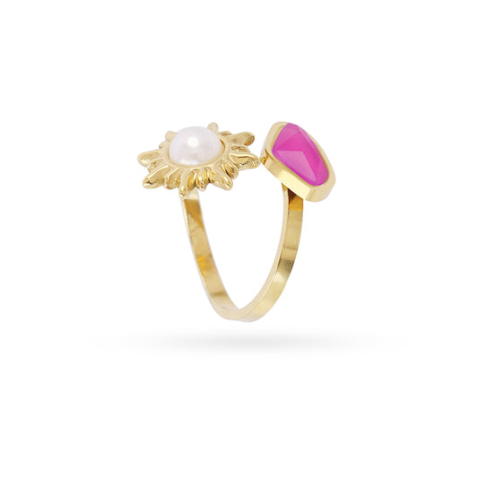 Bague femme acier doré perle soleil et pierre rose fuchsia