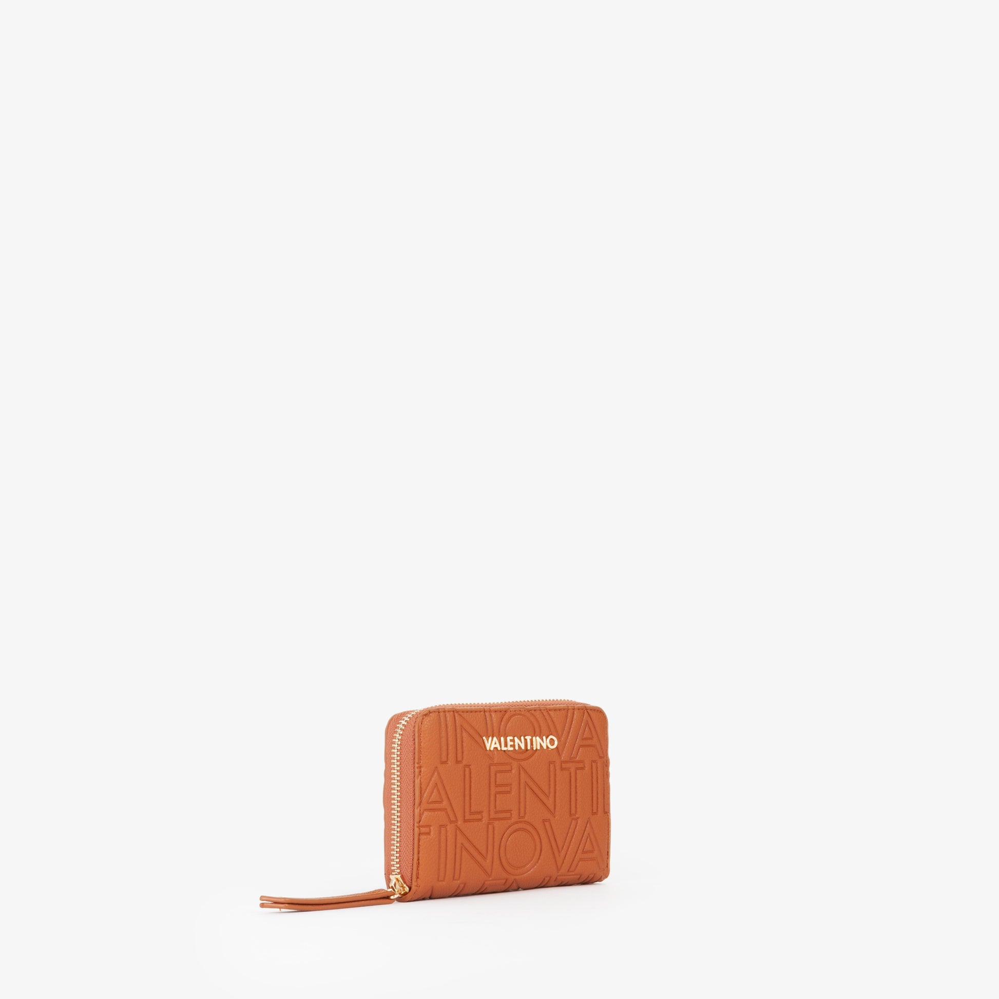 Portemonnaie femme cuir vegán cognac logo embossé zippé