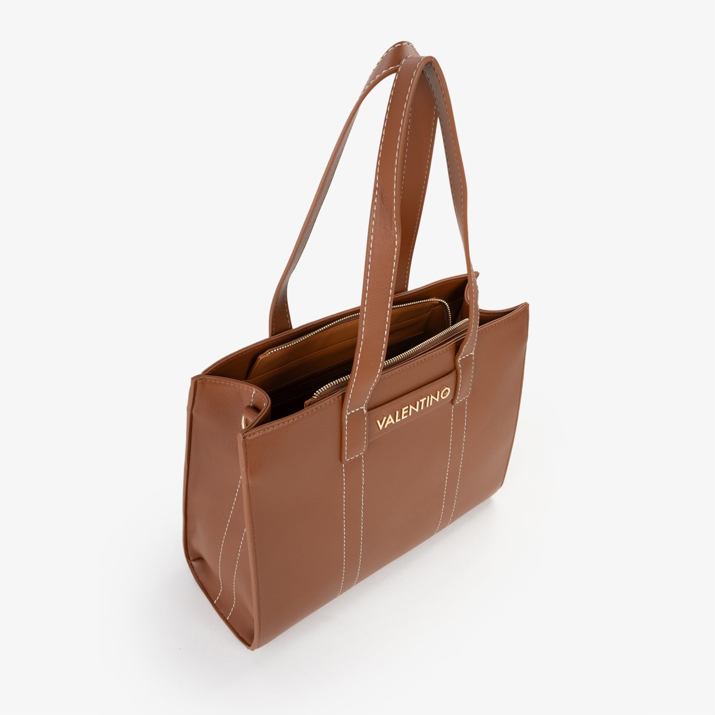 Sac cabas femme cuir vegan camel coutures contrastées