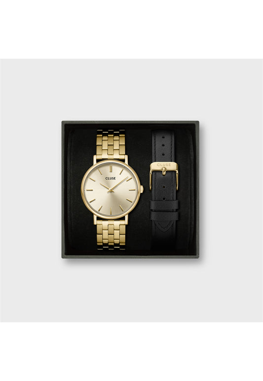 Montre Pavane Petite 2.0 en acier, bracelet en cuir noir et or, couleur or