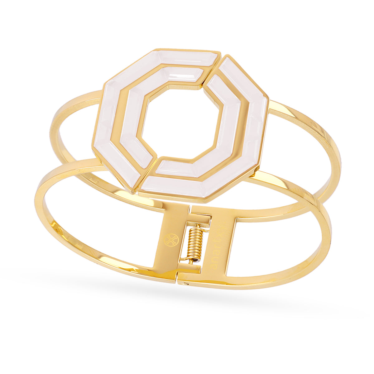 Bracelet femme acier doré motif octogone émail blanc