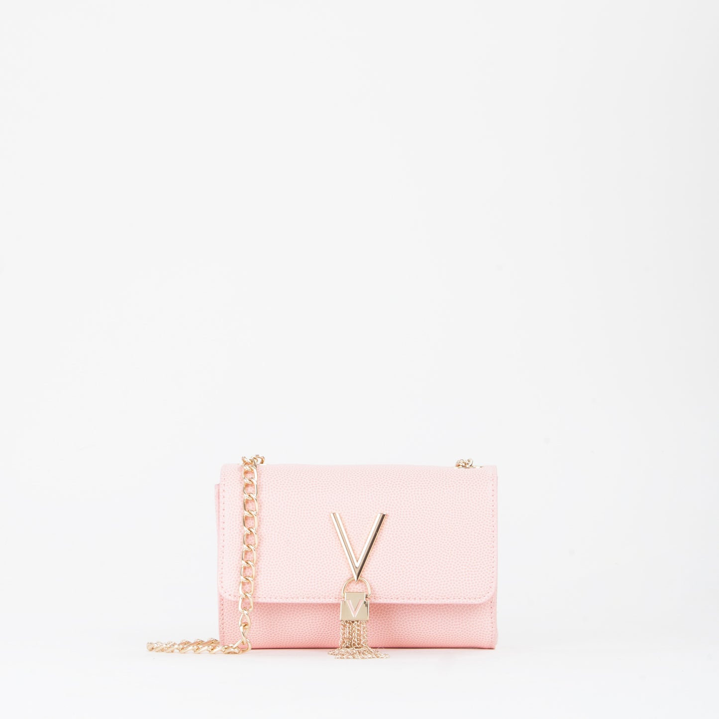 Sac bandoulière femme rose pâle chaîne dorée à pompon