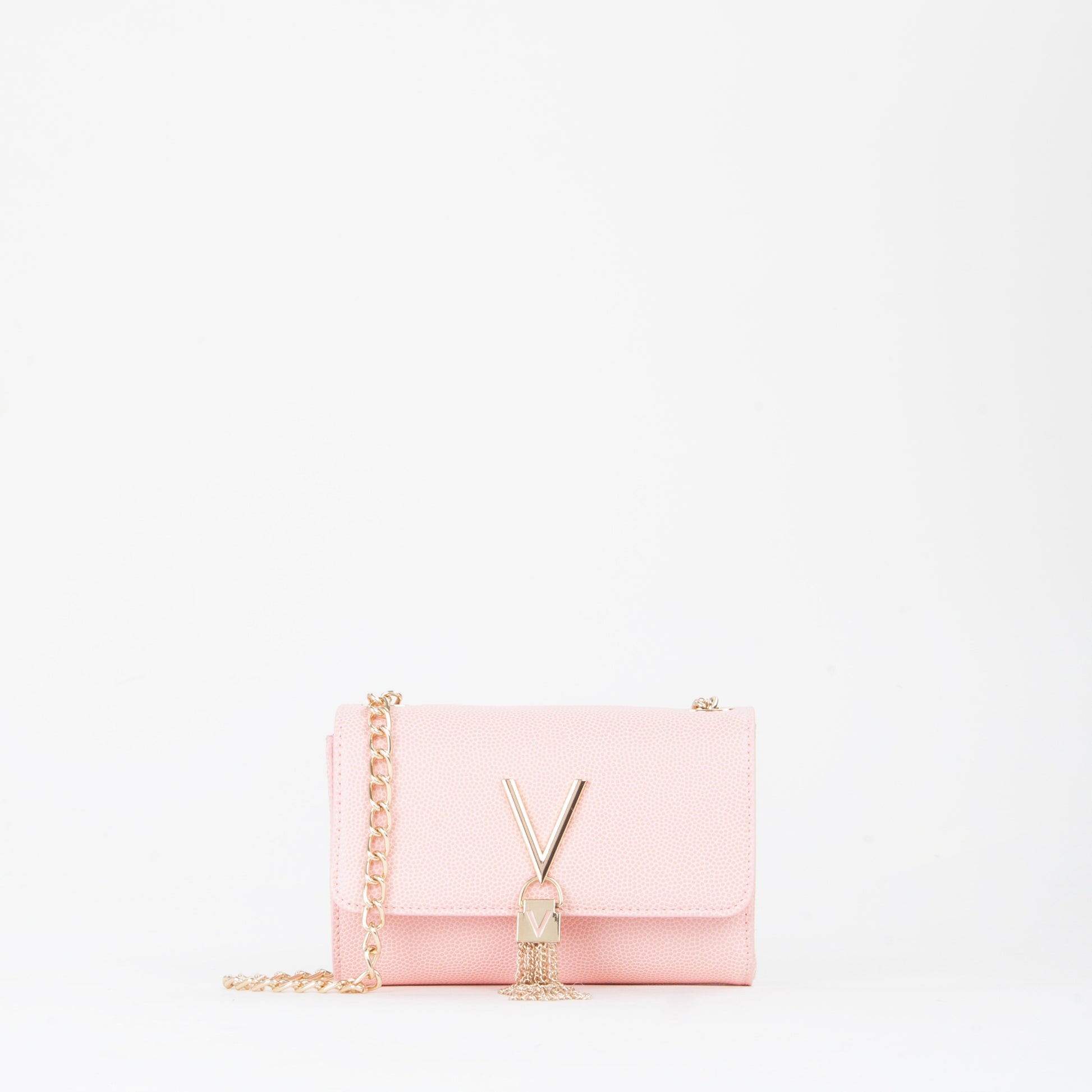 Sac bandoulière femme rose pâle chaîne dorée à pompon