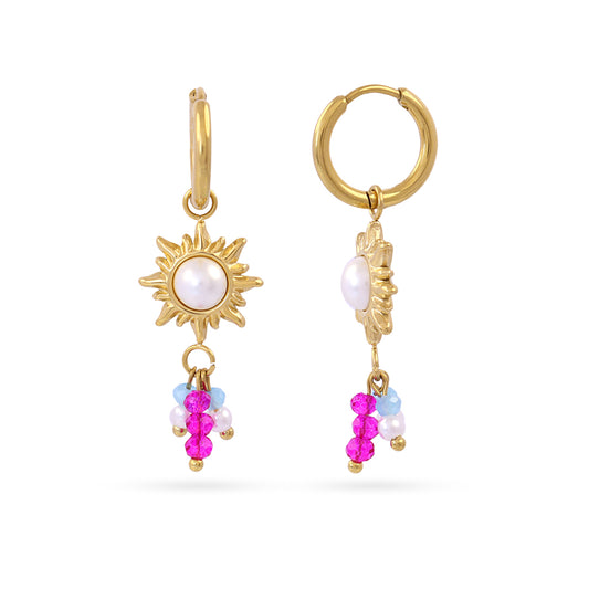 Boucles d'oreilles femme acier doré soleil perle et pierres roses