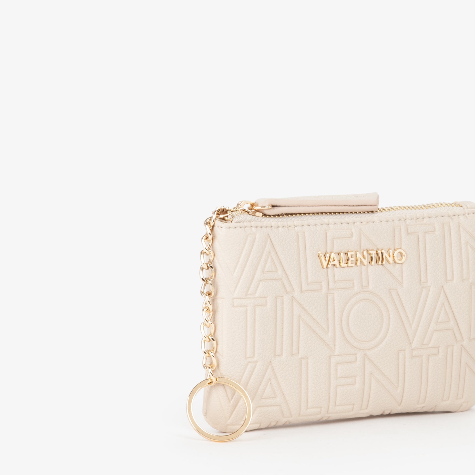 Pochette femme écru logo embossé zippée avec porte-clés