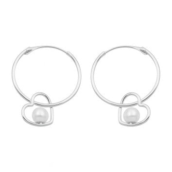 Créoles femme argent rhodié cœur et perle synthétique 13mm