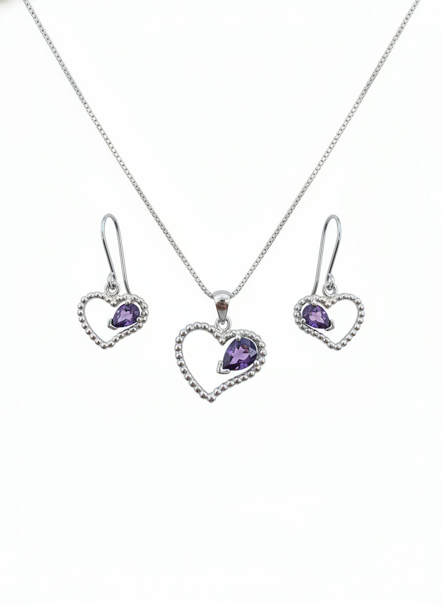 Parure femme argent rhodié coeur zirconia violet