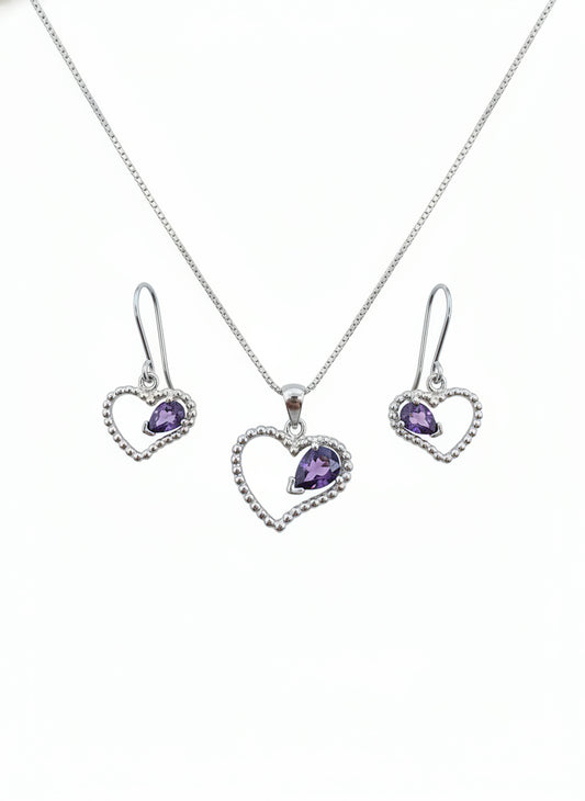 Parure femme argent rhodié coeur zirconia violet