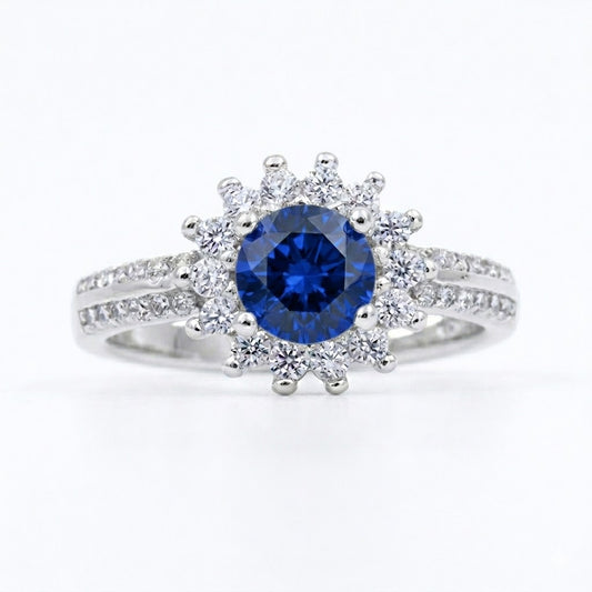 Bague femme argent rhodié saphir synthétique et zirconia