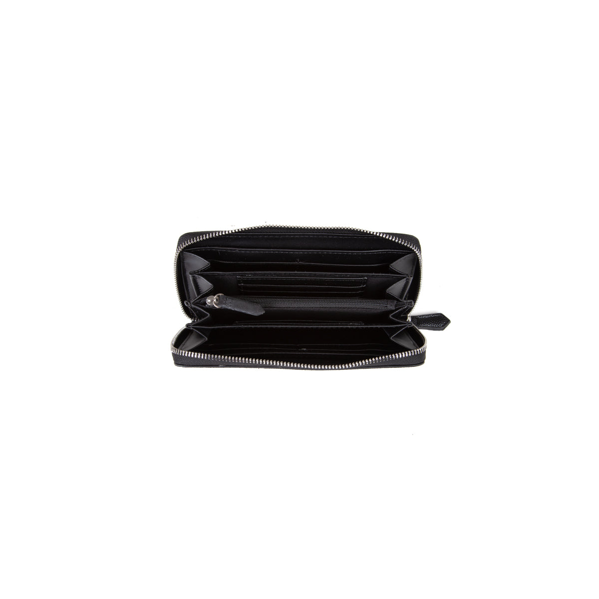Portefeuille femme zippé noir grain caviar argenté