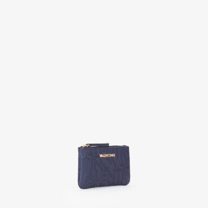 Pochette femme bleu marine logo embossé anneau chaîne doré