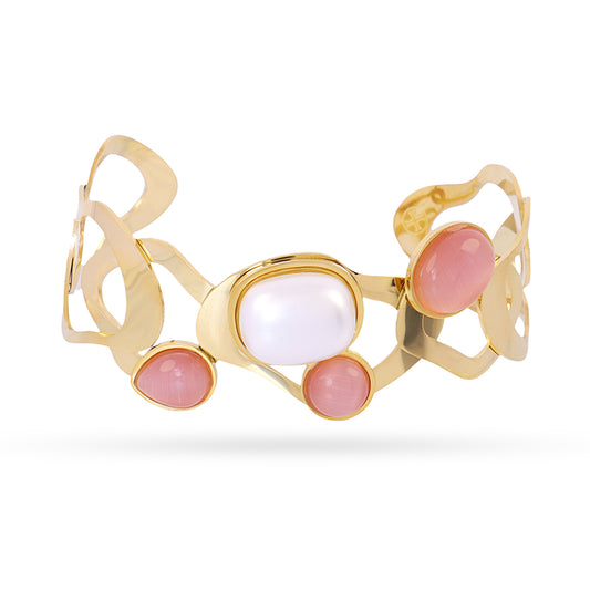 Bracelet femme acier doré manchette perle et pierres roses