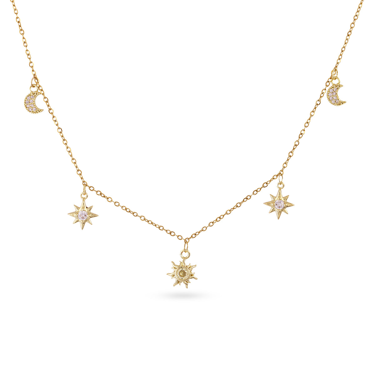 Collier femme acier doré étoile lune zirconia rose