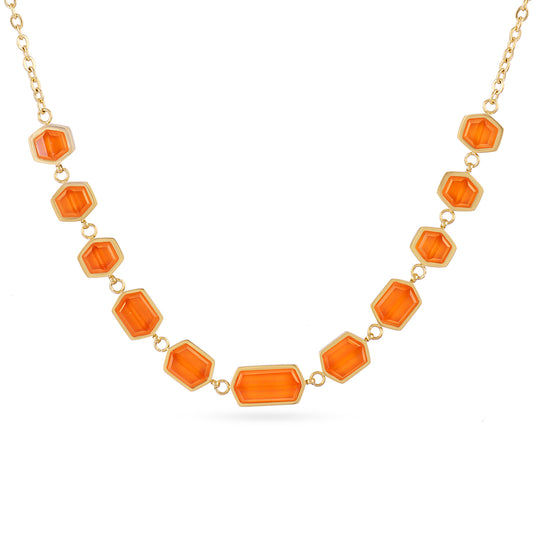 Collier femme acier doré pierres synthétiques orange