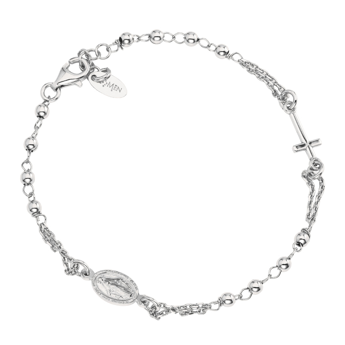 Bracelet femme argent 925 rhodié chapelet croix et médaille