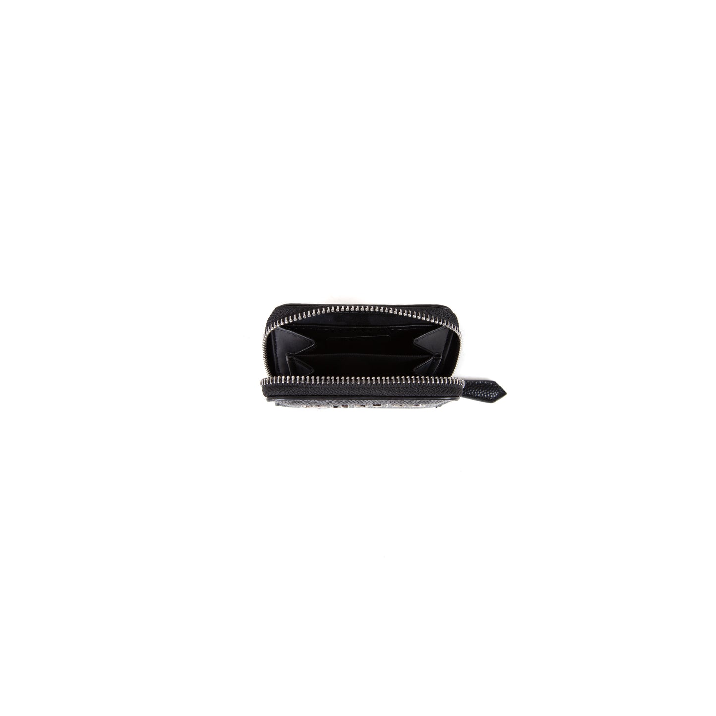 Porte-monnaie femme zippé noir grainé métal argenté