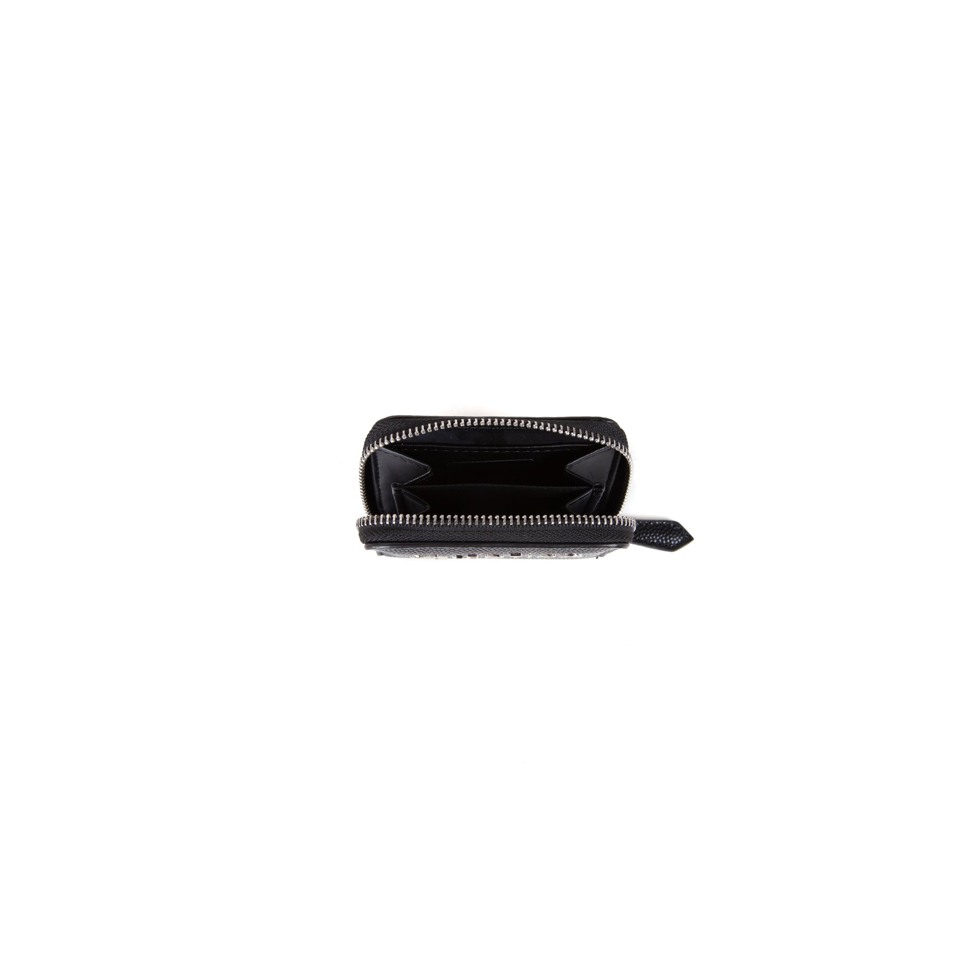 Porte-monnaie femme zippé noir grainé métal argenté