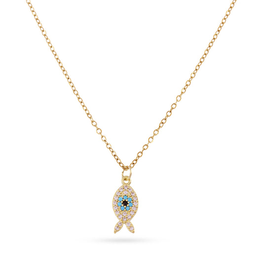Collier femme acier doré pendentif poisson zirconia