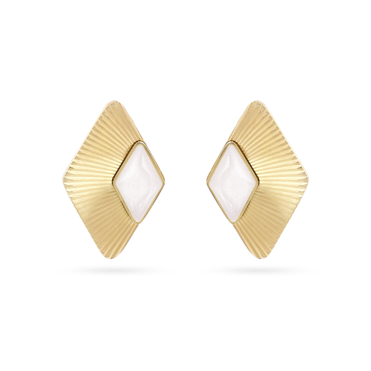 Boucles d'oreilles femme acier doré losange pierre blanche
