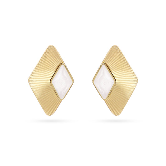 Boucles d'oreilles femme acier doré losange pierre blanche