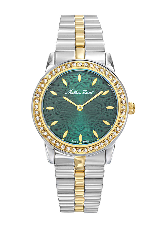 Montre femme acier bicolore cadran vert pierres synthétiques