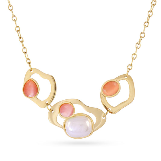 Collier femme acier doré pierres synthétiques corail 42 cm