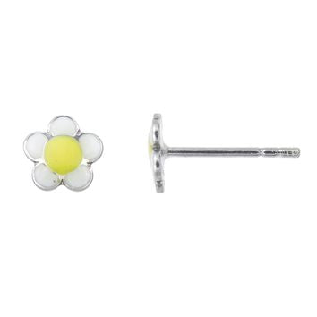Clous d'oreilles enfant argent rhodié fleur émail blanc jaune