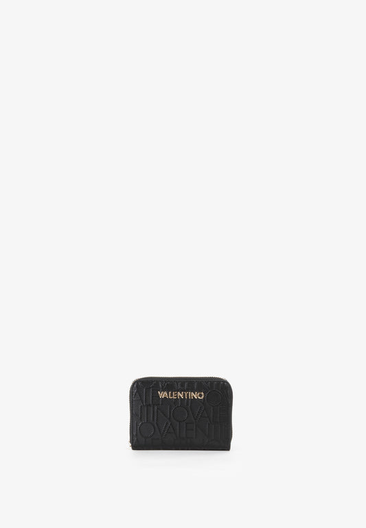 Portefeuille femme zippé noir motif monogramme relief