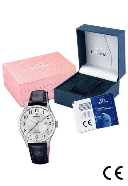 MONTRE SWISS MADE ARGENTÉ, BRACELET CUIR, HOMME