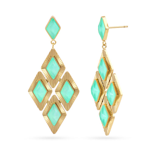 Boucles d'oreilles pendantes femme acier doré diamants verts