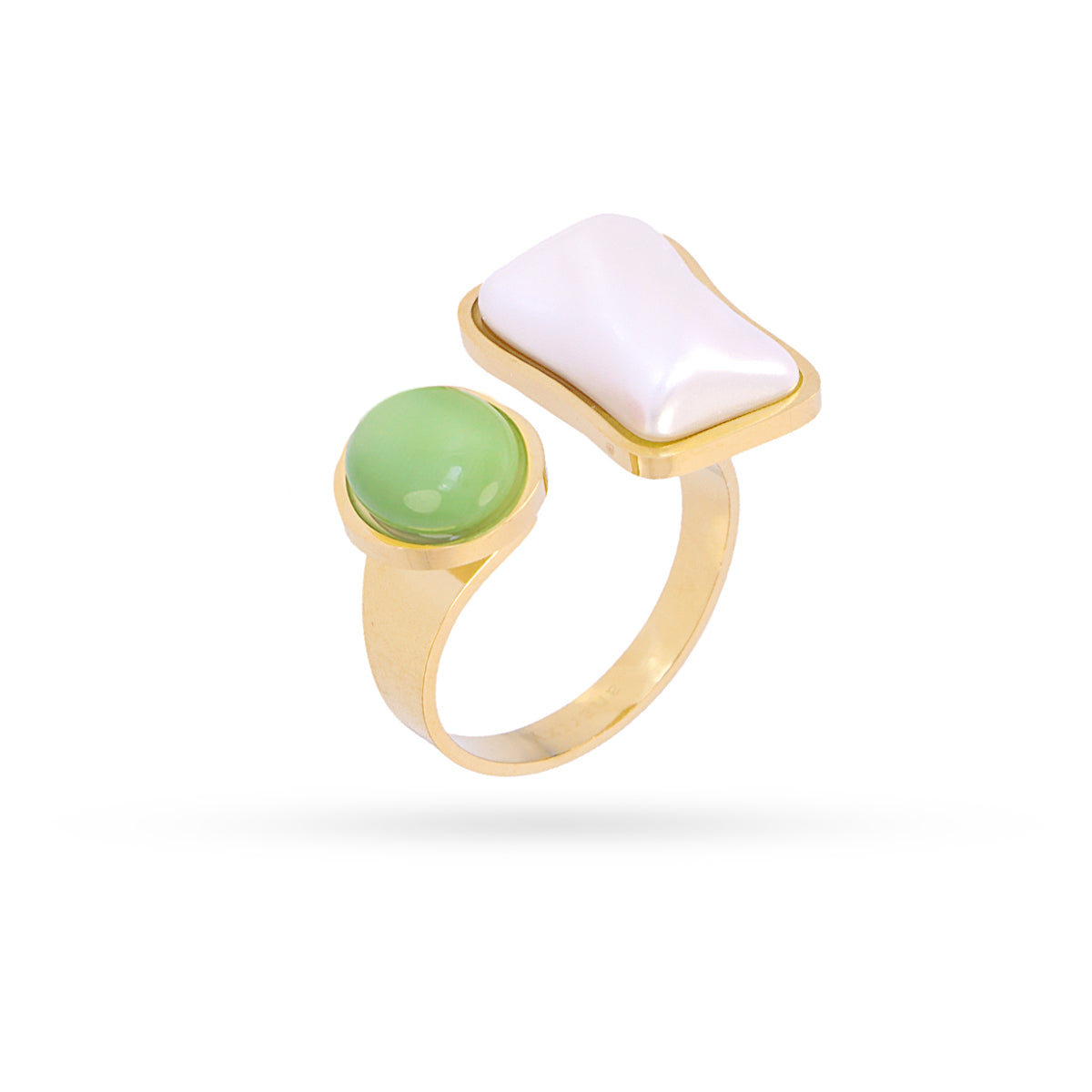 Bague femme acier doré pierre verte et perle baroque ajustable