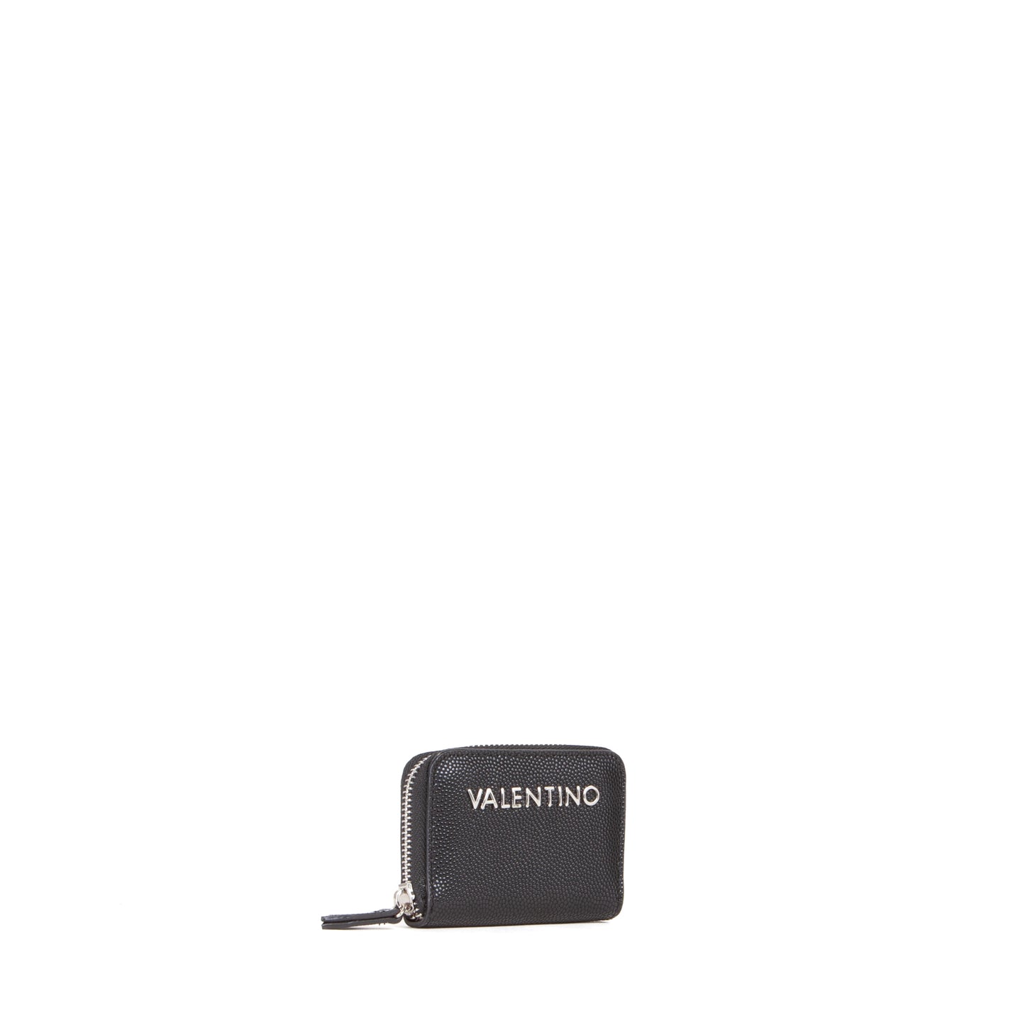 Porte-monnaie femme zippé noir grainé métal argenté