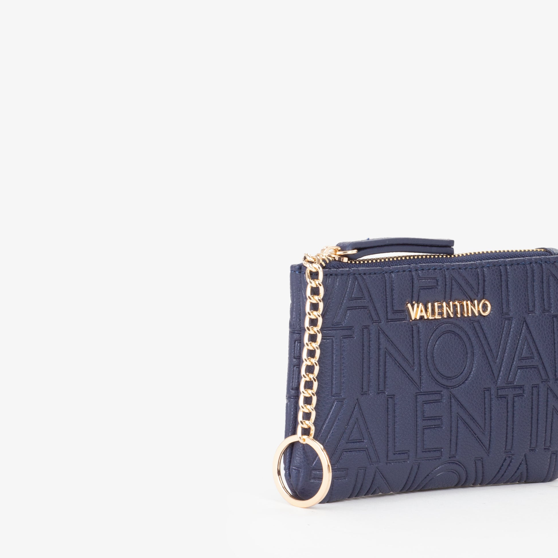 Pochette femme bleu marine logo embossé anneau chaîne doré