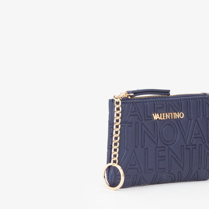 Pochette femme bleu marine logo embossé anneau chaîne doré